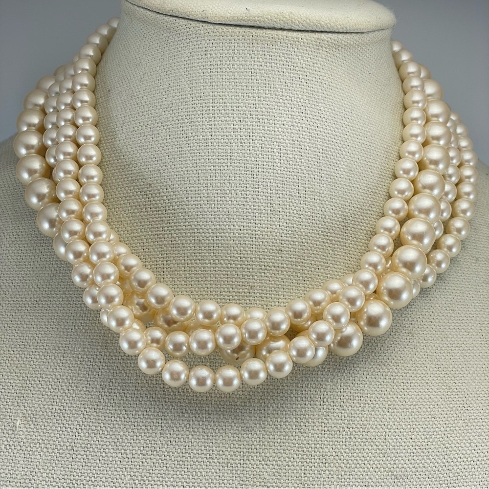 Vintage Unbranded Goldtone Clasp Four Strand Faux Pearl Statement NecklaceChunky
